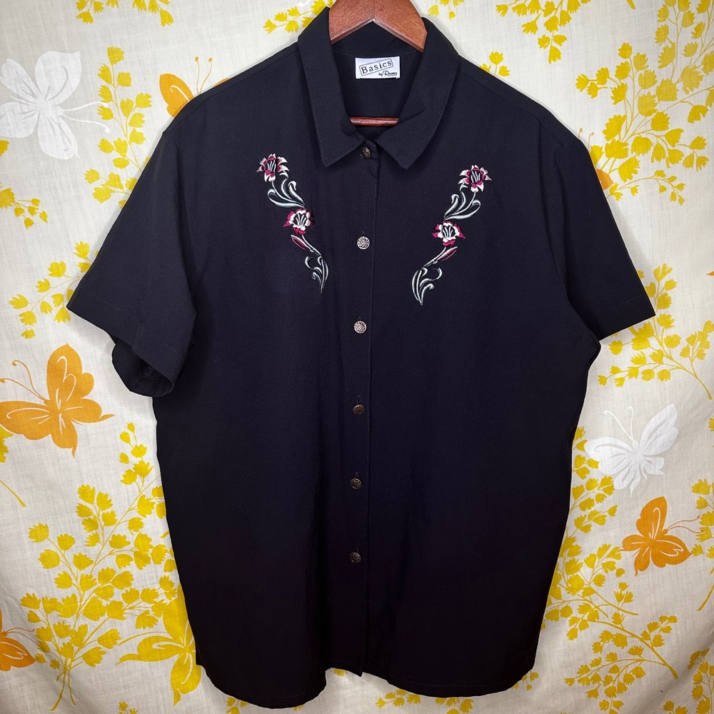 Vintage Basics by Remo Black Floral Embroidered Button Down Shirt Size 18W USA